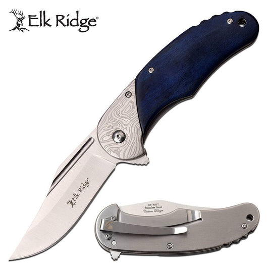 Spring Assist Folding Knife Elk Ridge 3.5" Blade Blue Wood Handle