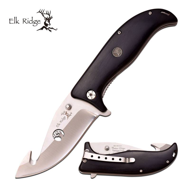 5.25" Closed Gut Hook Hunting Folding Knife With Brown Wood Handle - TOPHATTER'S ARMORY DEALS