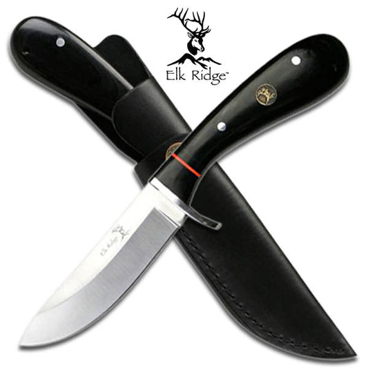 Elk Ridge Hunting Knife - Black Pakkwood Handle With Leather Case