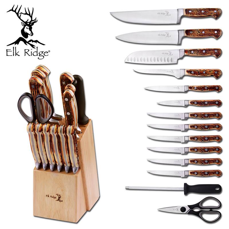Elk Ridge 15 Piece Kitchen Cutlery Knife Set And Block Stainless Steel Chef Knives