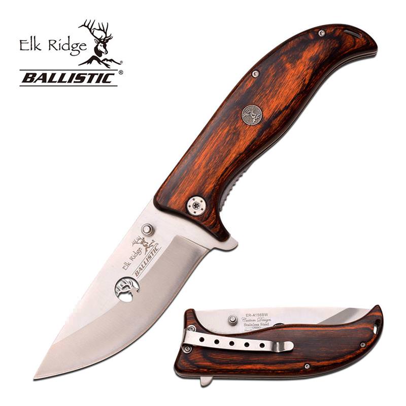 Elk Ridge 5.25" Guthook Blade Spring Assist Hunt Knife Brown Wood Handle