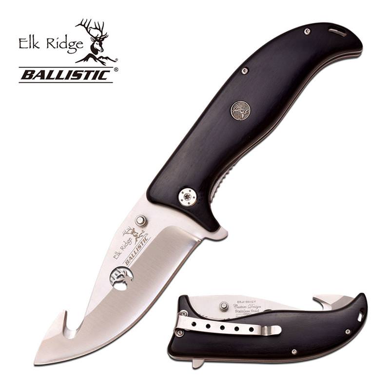 Elk Ridge 5.25" Guthook Blade Spring Assist Hunt Knife Black Wood Handle