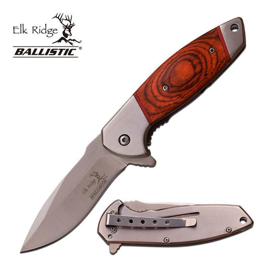 4.5 Inch Elk Ridge Spring Assisted Opening Knife Brown Pakkawood Handle