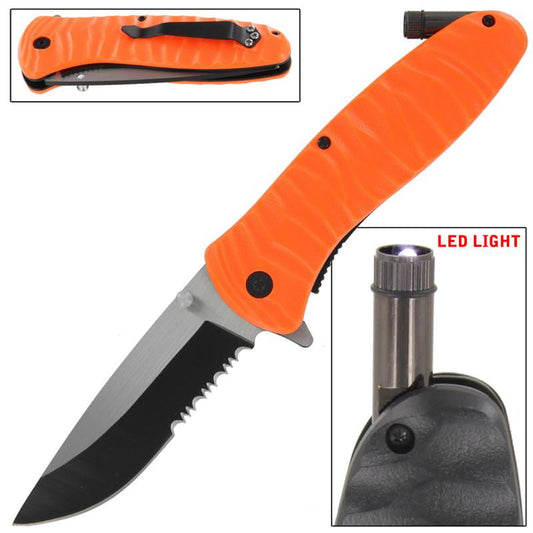 Emergency Code Orange Serrated Spring Assist Knife Built In LED LIGHT
