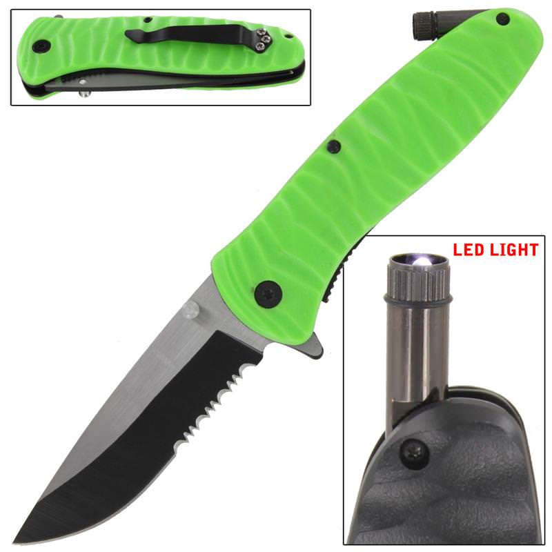 Emergency Code Zombie Threat Serrated Spring Assist Knife Built In LED LIGHT