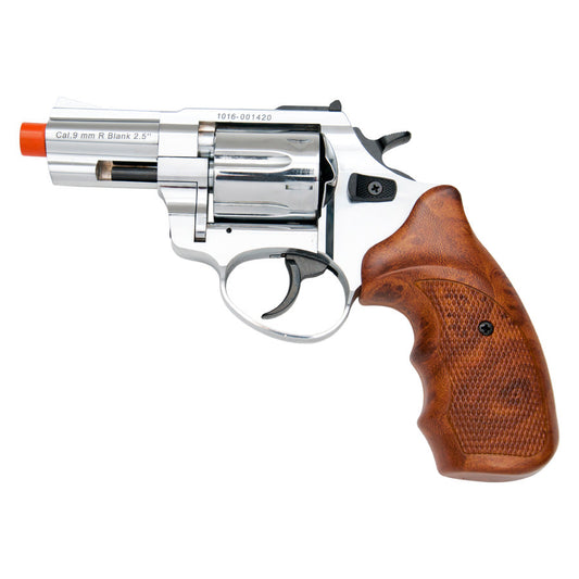 Zoraki R1 2.5" Barrel Blank Revolver Chrome Finish Wood Grips Front Firing Gun