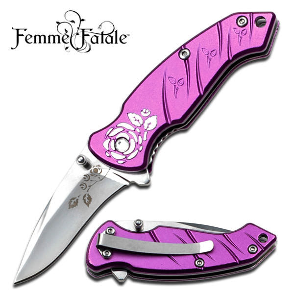 Magenta Pink Femme Fatale Women's Wild Rose Folding Knife Spring Assisted - TOPHATTER'S ARMORY DEALS