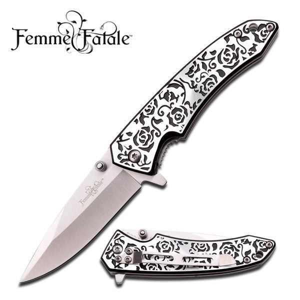 Black Rose Texture Handle Spring Assisted Opening Knife