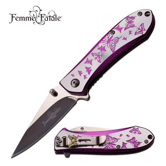 4 Inch Closed Butterfly Design Assisted Opening Knife Purple Silver Handle