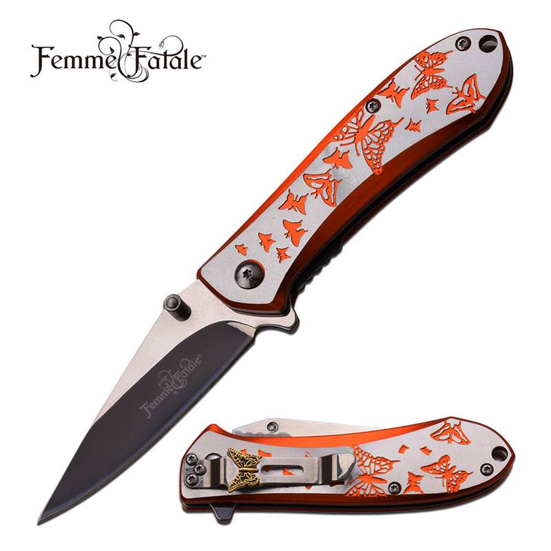 4 Inch Closed Butterfly Design Assisted Opening Knife Peach Silver Handle