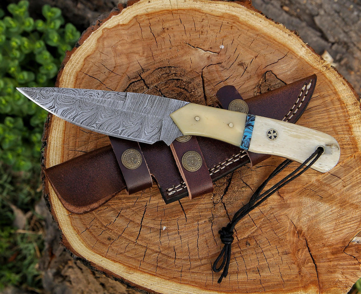 9.21" Damascus Steel Custom Handmade Natural Bone Handle Hunting Skinning Knife - TOPHATTER'S ARMORY DEALS
