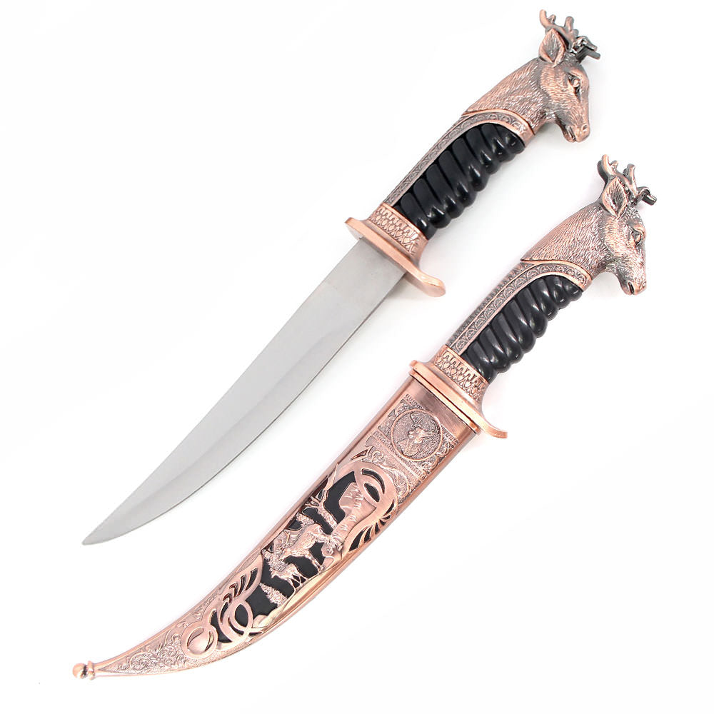 Bronze Dear Collectors Dagger Fixed Blade Hunting Knife With Scabbard