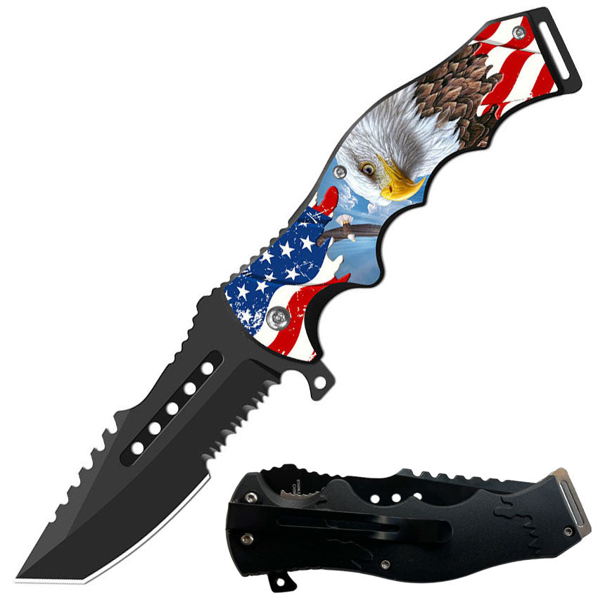 8.5" Tactical American Eagle Spring Assisted Folding Open Pocket Knife Cleaver Blade - TOPHATTER'S ARMORY DEALS