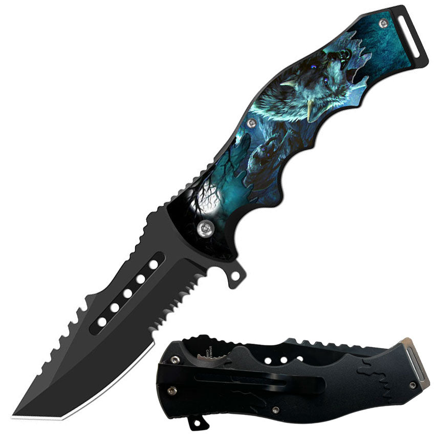 8.5" Tactical Wolf Spring Assisted Folding Open Pocket Knife Cleaver Blade - TOPHATTER'S ARMORY DEALS