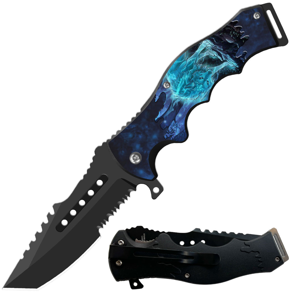 8.5" Tactical Snow Wolf Spring Assisted Folding Open Pocket Knife Cleaver Blade - TOPHATTER'S ARMORY DEALS