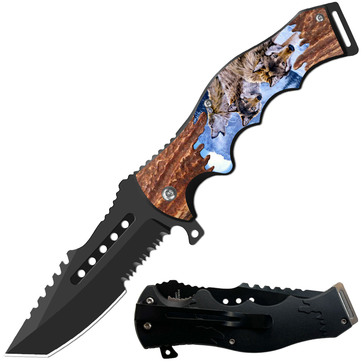 8.5" Tactical Wolves Spring Assisted Folding Open Pocket Knife Razer Blade - TOPHATTER'S ARMORY DEALS