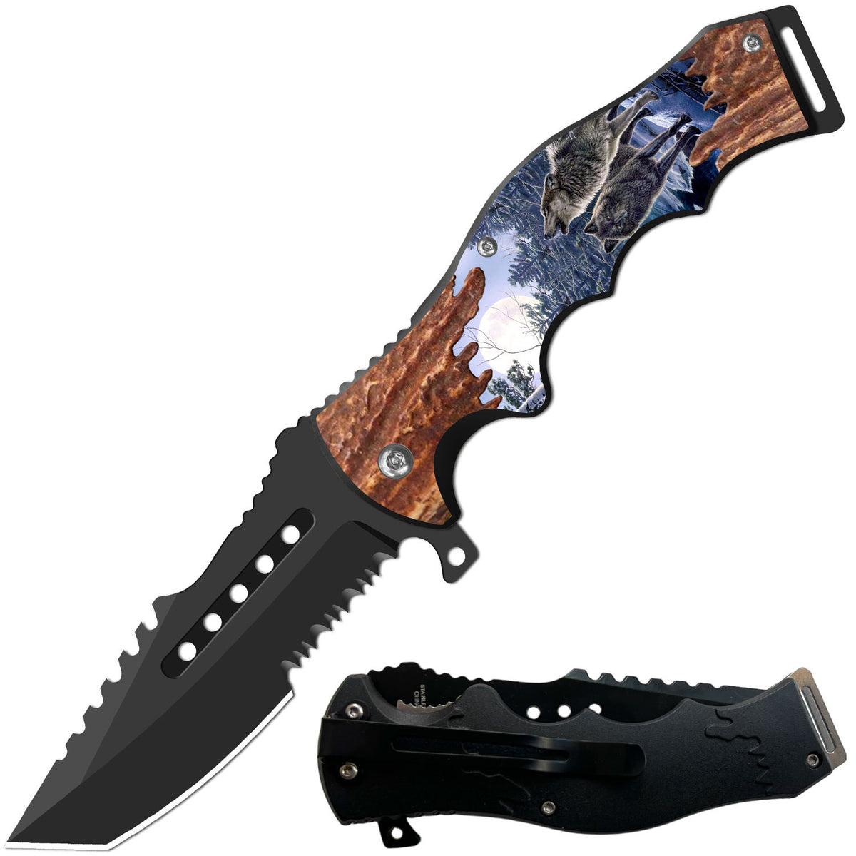 8.5" Tactical Wolves Spring Assisted Folding Open Pocket Knife Cleaver Blade - TOPHATTER'S ARMORY DEALS