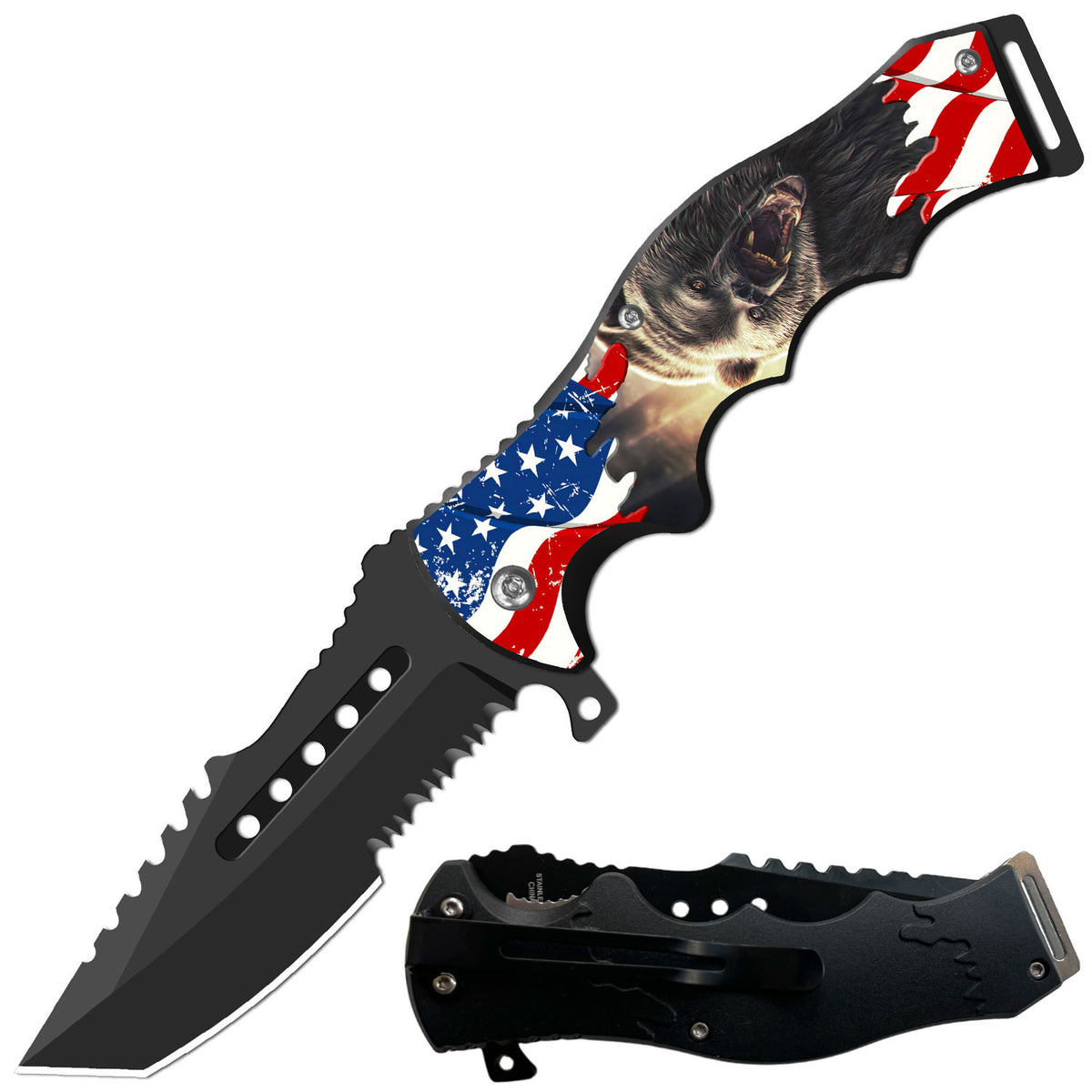 8.5" Tactical American Beer Spring Assisted Folding Open Pocket Knife Cleaver Blade - TOPHATTER'S ARMORY DEALS