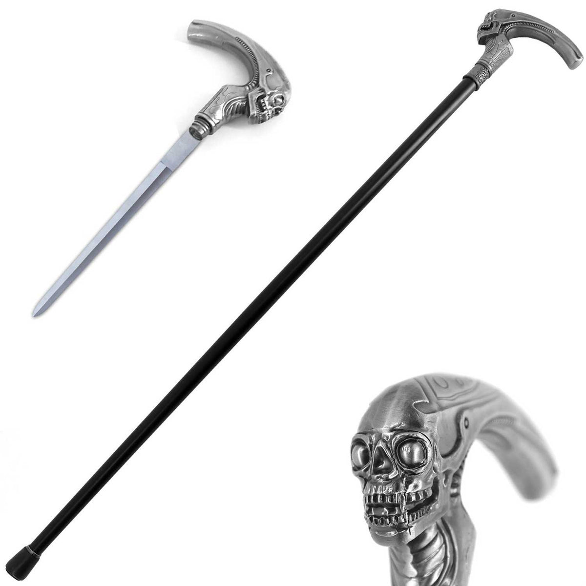 Silver Alien Skull Head Gentlemen Cane Sword - TOPHATTER'S ARMORY DEALS