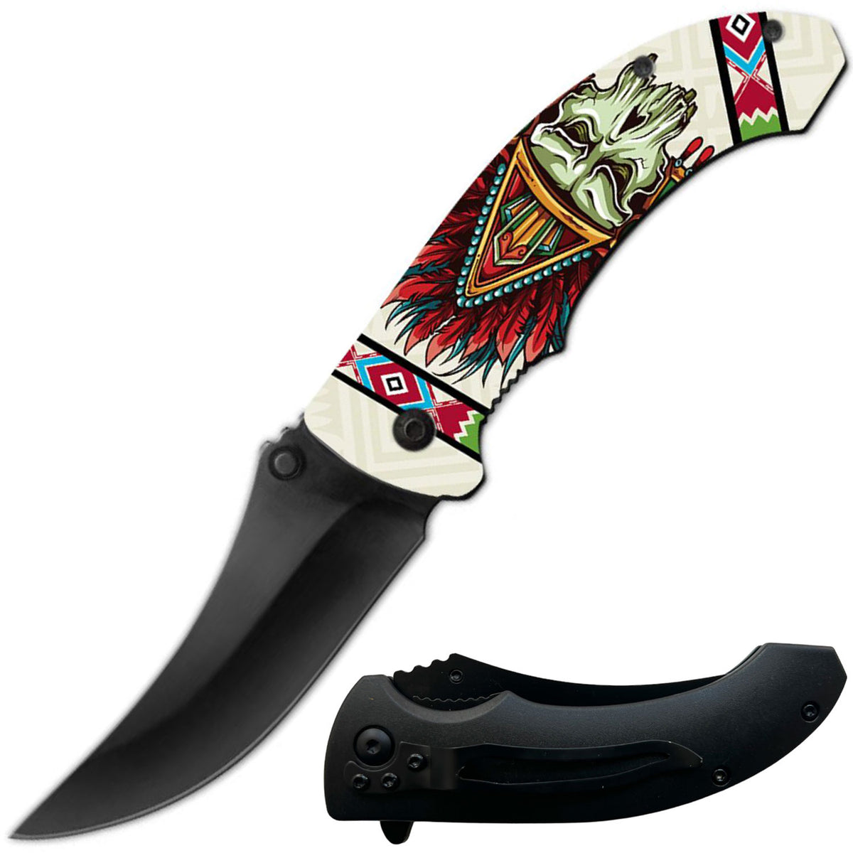 8" Native American Indian Skull Spring Assisted Open Folding Pocket Knife - TOPHATTER'S ARMORY DEALS