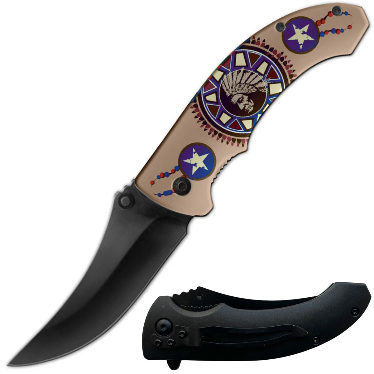 8" Native American Indian Spring Assisted Open Folding Pocket Knife - TOPHATTER'S ARMORY DEALS