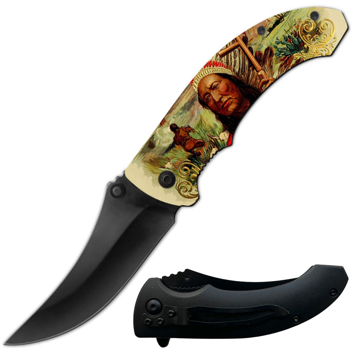 8" Native American Indian Spring Assisted Open Folding Knife - TOPHATTER'S ARMORY DEALS