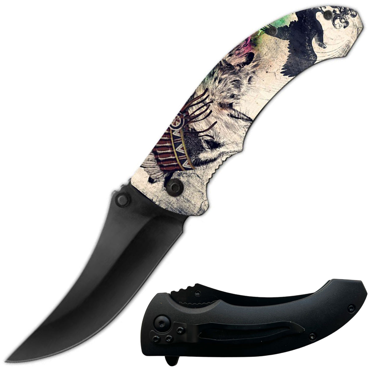 8" Native American Indian Spring Assisted Open Folding Pocket Knife Wolf - TOPHATTER'S ARMORY DEALS