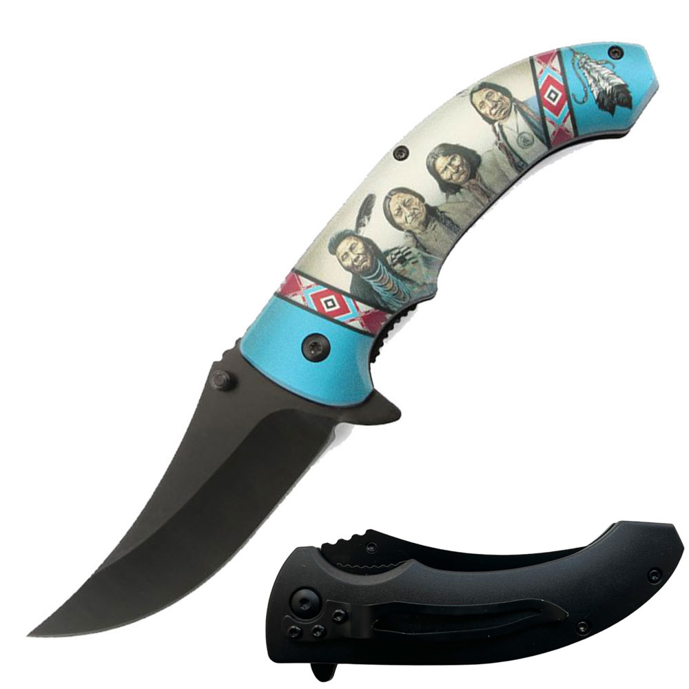 8" Native American Indian Spring Assisted Open Folding Pocket Knife Blue - TOPHATTER'S ARMORY DEALS