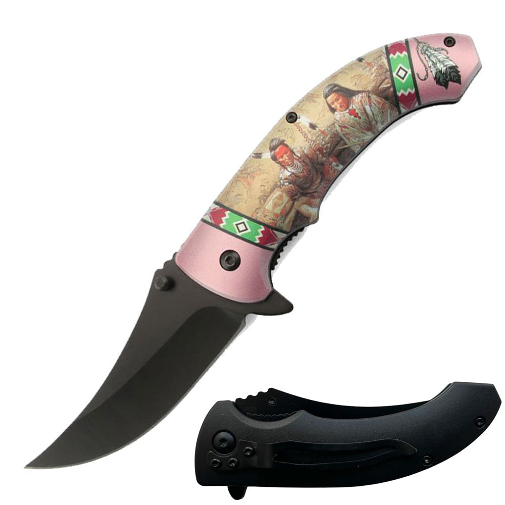 8" Native American Indian Spring Assisted Open Folding Pocket Knife Pink - TOPHATTER'S ARMORY DEALS