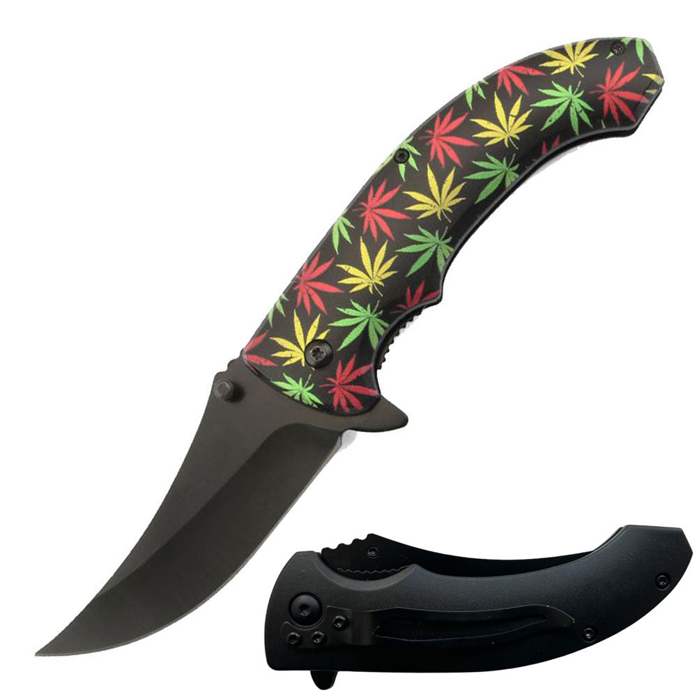 8" Cannabis Marijuana Leaf Spring Assisted Open Folding Pocket Knife - TOPHATTER'S ARMORY DEALS
