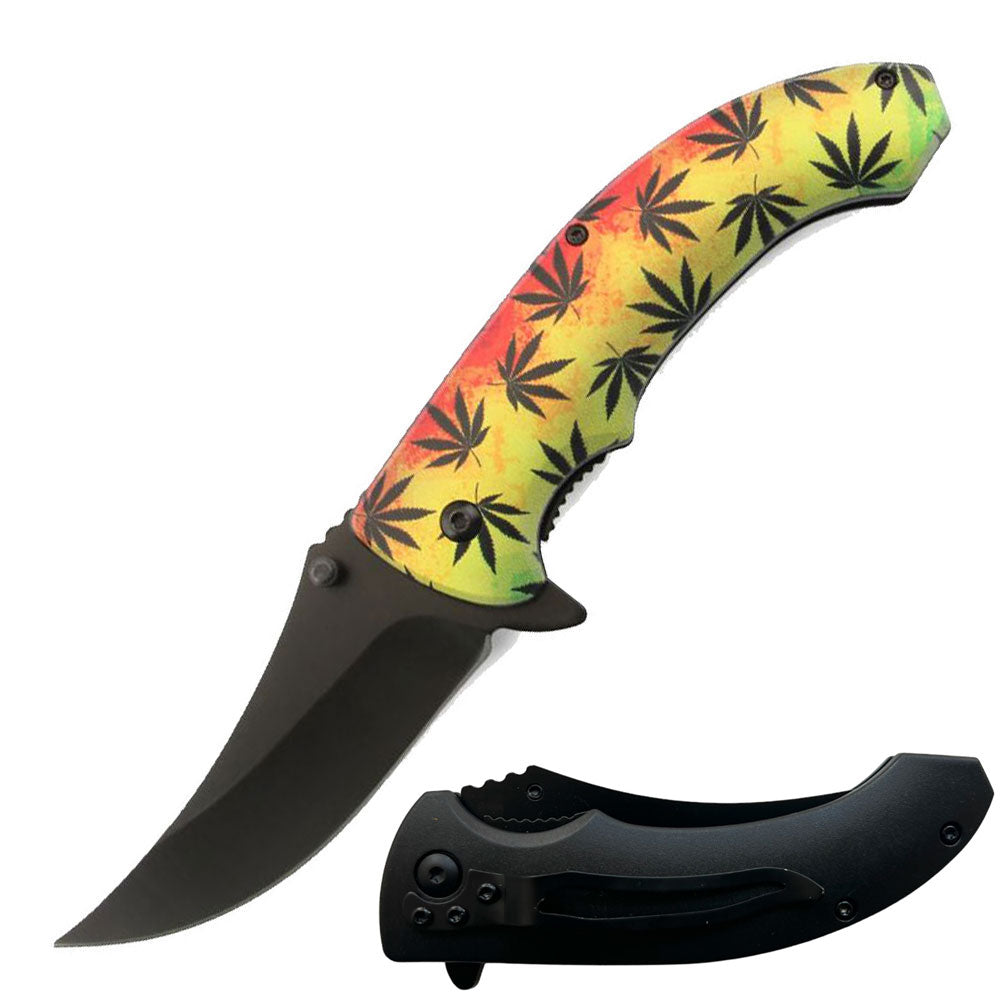 8" Marijuana Leaf Spring Assisted Open Folding Pocket Knife - TOPHATTER'S ARMORY DEALS