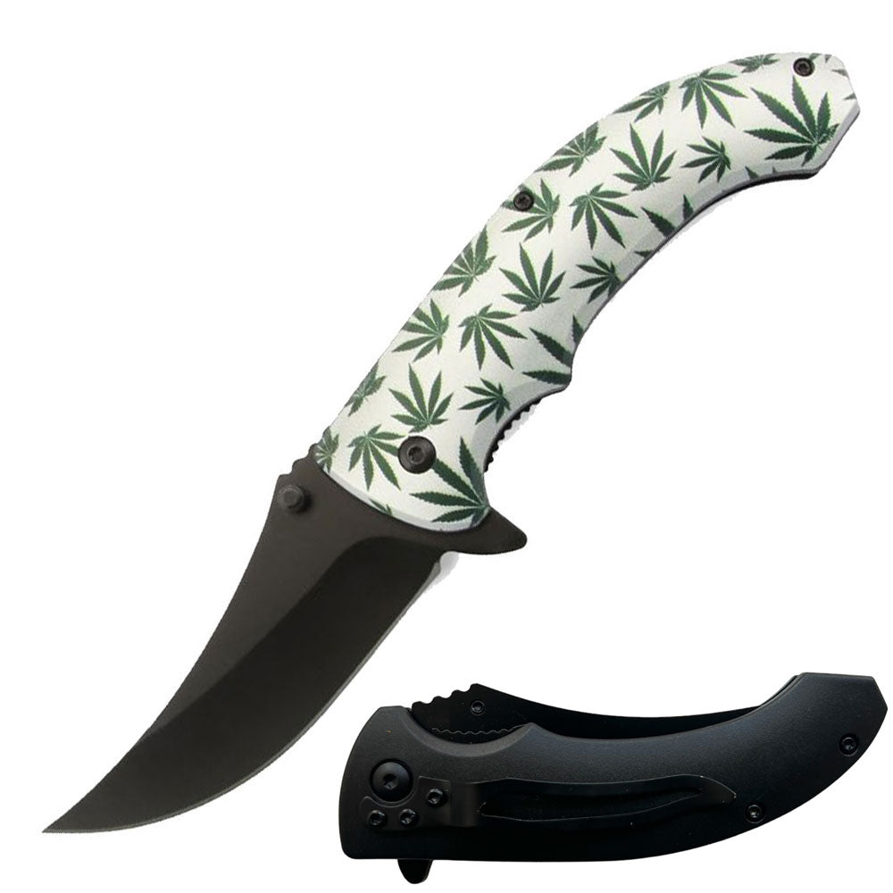 8" Cannabis Marijuana Leaf Spring Assisted Open Folding Pocket Knife White - TOPHATTER'S ARMORY DEALS