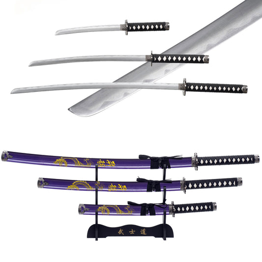 3pc Purple Dragon Japanese Katana Samurai Sword Set Carbon Steel Blade Bushido Stand