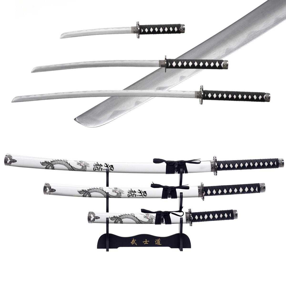 3pc White Dragon Japanese Katana Samurai Sword Set Carbon Steel Blade Bushido Stand - TOPHATTER'S ARMORY DEALS