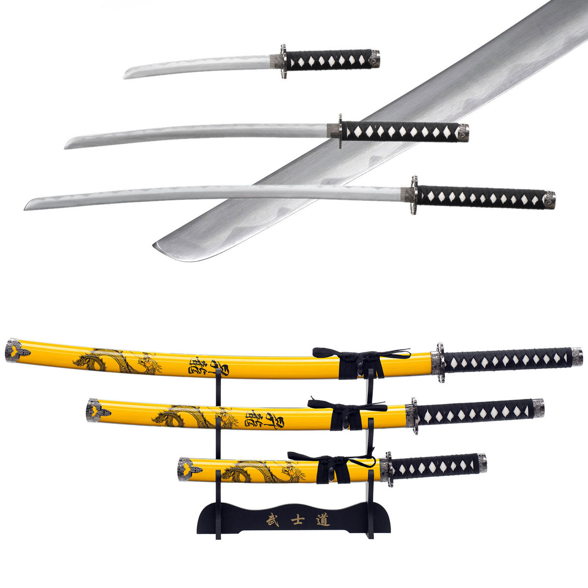3pc Yellow Dragon Japanese Katana Samurai Sword Set Carbon Steel Blade Bushido Stand - TOPHATTER'S ARMORY DEALS