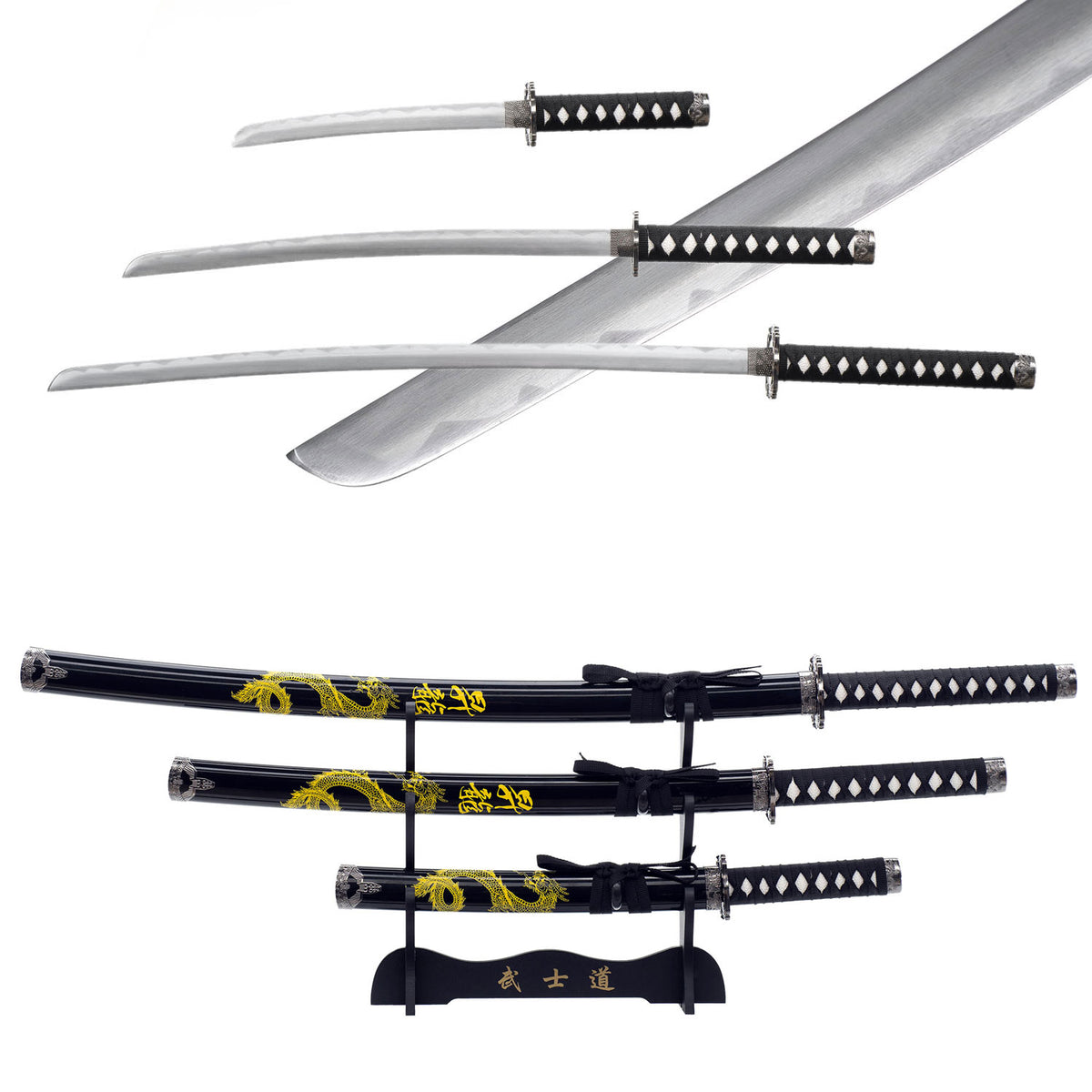 3pc Dragon Japanese Katana Samurai Sword Set Carbon Steel Blade Bushido Stand - TOPHATTER'S ARMORY DEALS