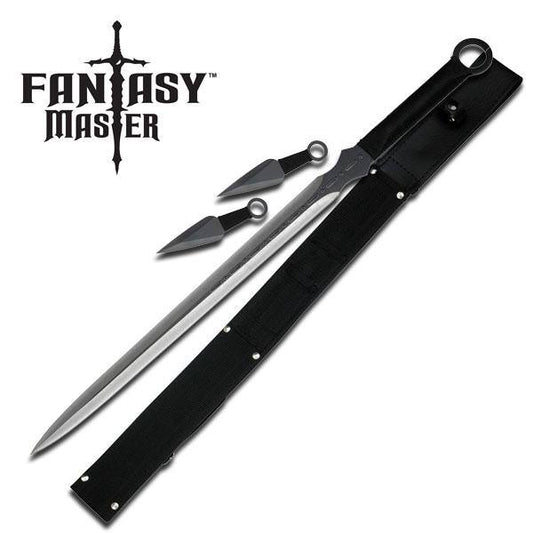 Black Silver Blade Double Edge with 2 Kunai Throwing Knives Ninja Sword Set