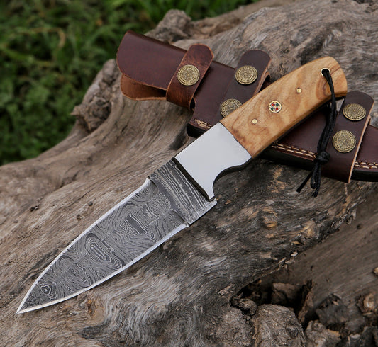 10.8" Damascus Steel Custom Handmade Koa Wood Handle Hunting Knife