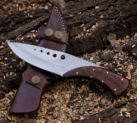 8.8" Hand Forged Steel Custom Handmade Rose Wood Handle Hunting Skinning Knife