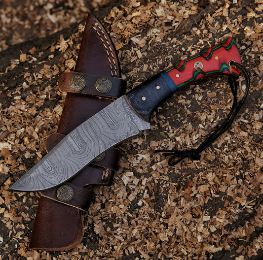 9.5" Damascus Steel Custom Handmade Hunting Knife with Lanyard
