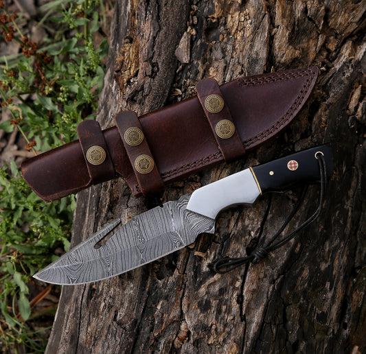 10.25" Damascus Steel Custom Handmade Hunting Gut Hook Blade Knife
