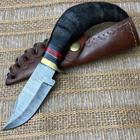 Damascus Steel Custom Handmade Lamb Horn Handle Hunting Knife 10"