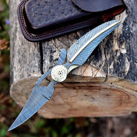 8.5" Leaf Style Damascus Steel Custom Handmade Folding Knife