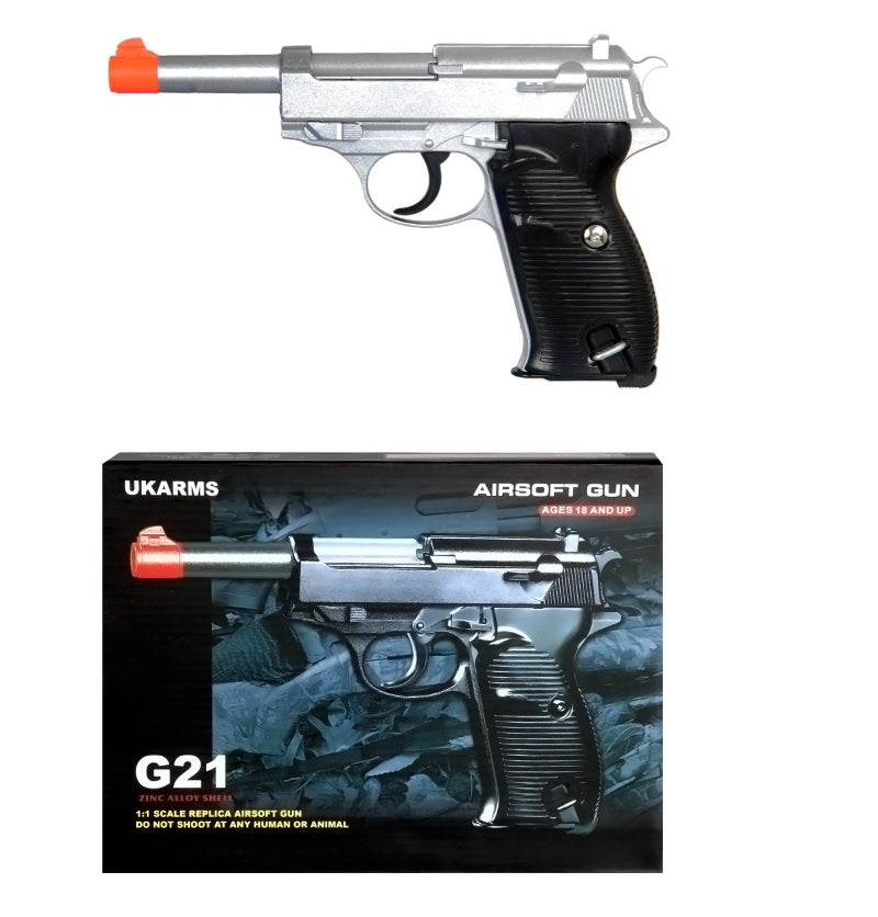 G21 Heavy Weight Spring Pistol P38 Style with Metal Magazine Silver 250 FPS - TOPHATTER'S ARMORY DEALS