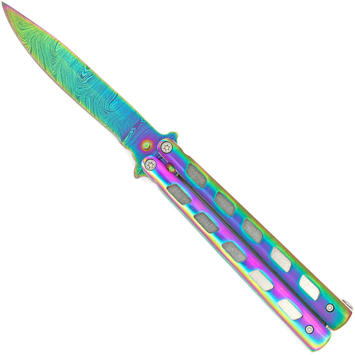 Rainbow Butterfly Knife, Titanium Damascus Drop Point Blade | ABS Holder - TOPHATTER'S ARMORY DEALS