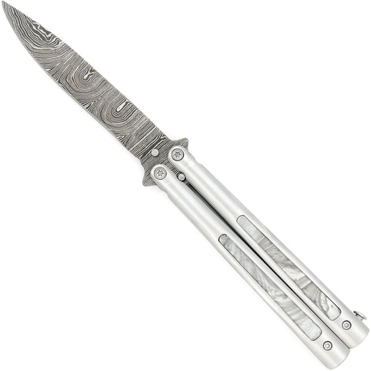 Damascus Steel Pearl Marble Butterfly Knife