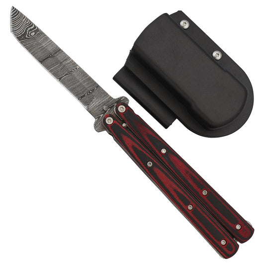 Micarta Butterfly Knife w/ ABS Belt Holster | Damascus Steel Blade | Tanto Point