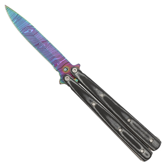 Micarta Handle Butterfly Black Knife, Titanium Damascus Steel Drop Point Blade