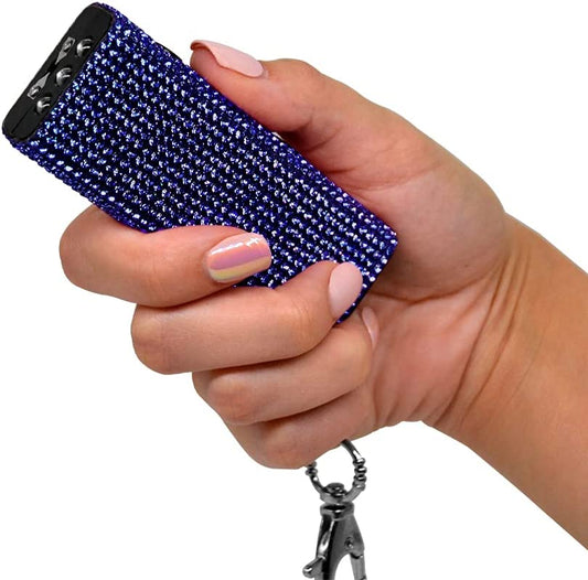 Bling It On Mini Rhinestone Stun Gun Keychain with LED Flashlight Rechargeable Blue