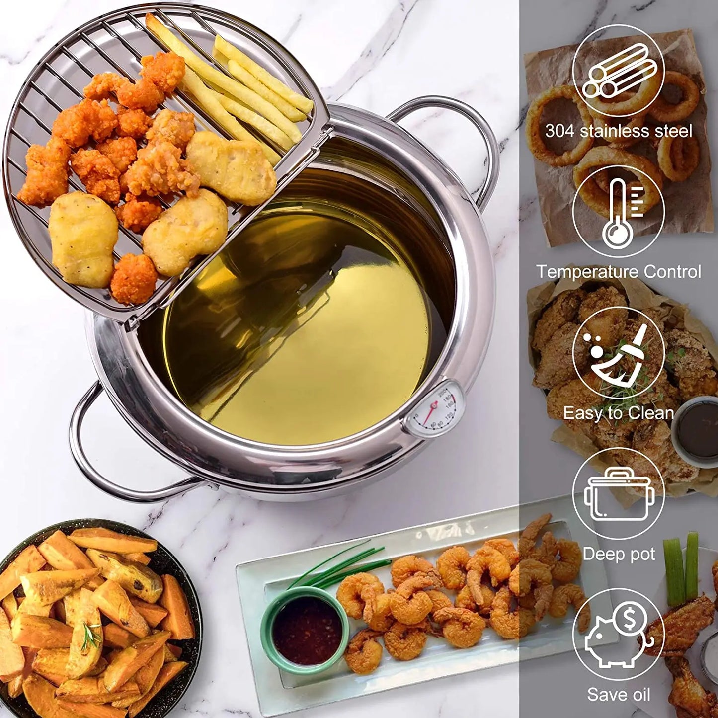 304 Stainless Steel Deep Frying Pot with Thermometer And Lid Silver